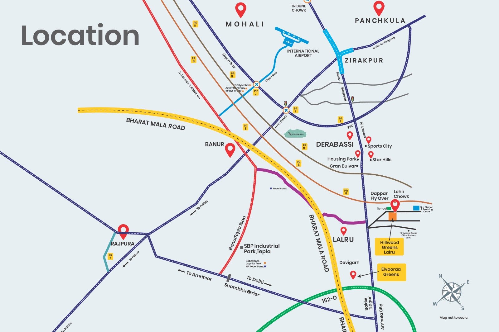 Elvooraa Greens location map — Lalru, Derabassi, Zirakpur & Chandigarh connectivity